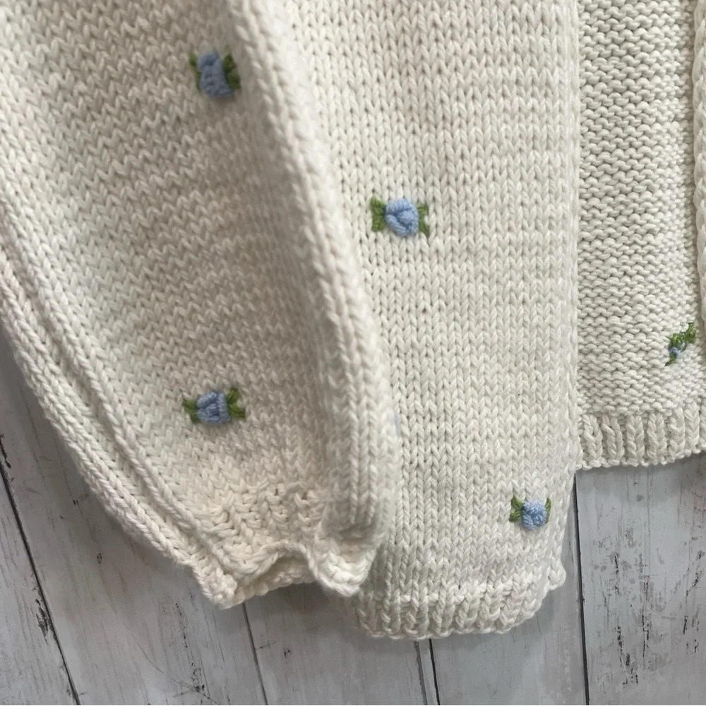 Fanm Mon Hand Knit embroidered blue rose cardigan cotton handcrafted XS/S NEW - Picture 7 of 15